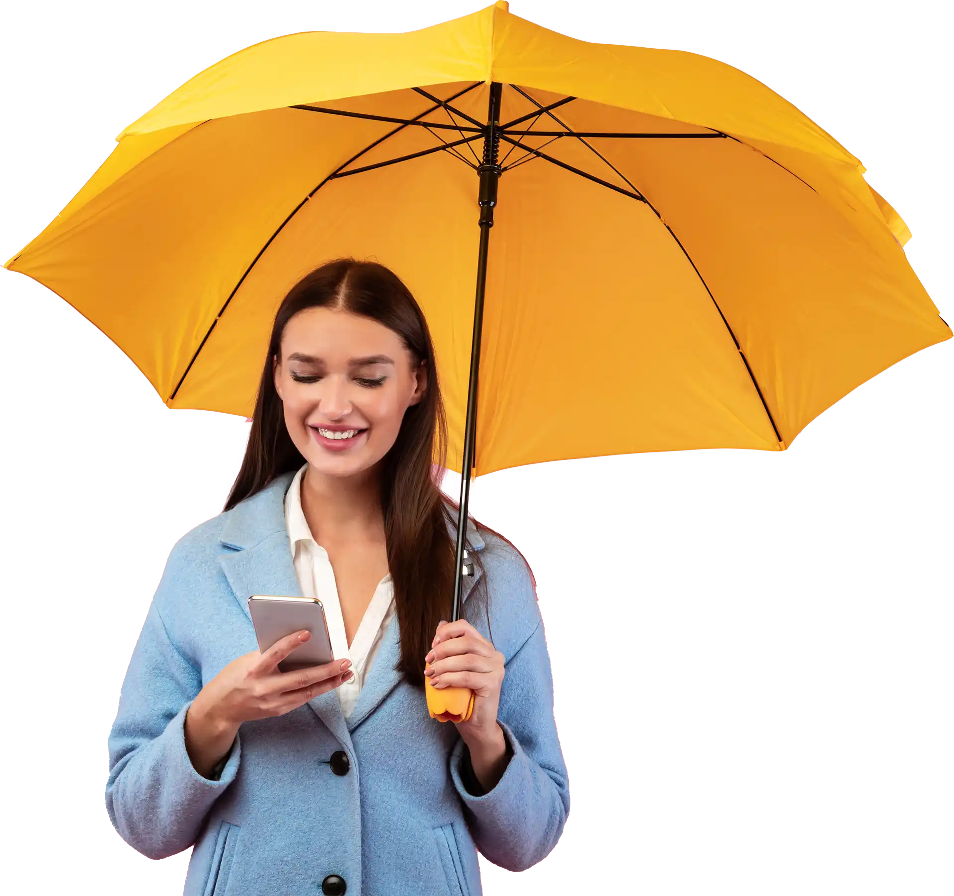 Junge Frau steht unter ihrem Regenschirm und wählt eine Telefonnummer auf Ihrem Handy